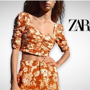 Zara printed drape crop top square neck orange floral size M nwot